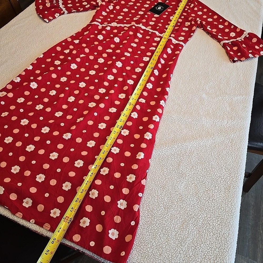 Red Polka Dot Midi Dress with Lace Trim - Picture 13 of 16